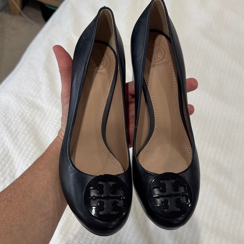 Tory Burch Navy Leather Block Heels with Logo
